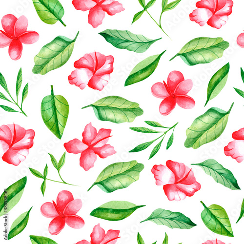 Watercolor seamless pattern with tropical hibiscus. Design for dresses with red flowers. Seamless illustration with hibiscus for decoration of Wallpaper  fabrics  dishes  postcards. Watercolor flower 