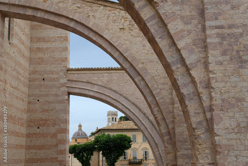 Flying buttresses on the Basilica of Saint Clare in Assisi Italy