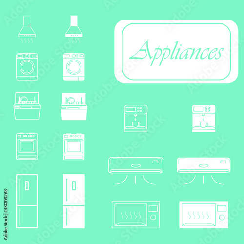Vector outline icons of household appliances.