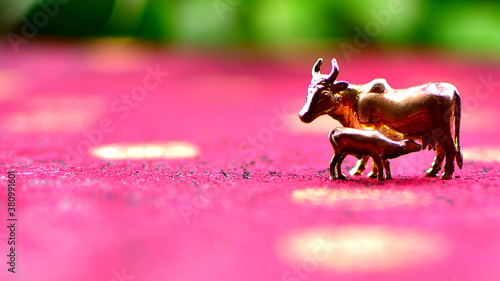 mother cow and calf miniature copper figurine