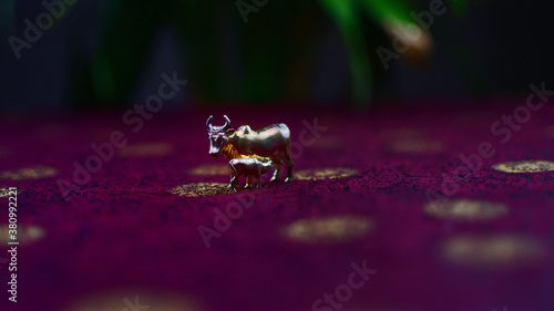 mother cow and calf miniature copper figurine