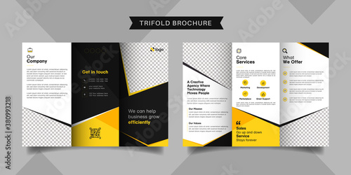 Corporate business trifold brochure template. Modern, Creative and Professional tri fold brochure vector design. Simple and minimalist promotion layout with yellow color.