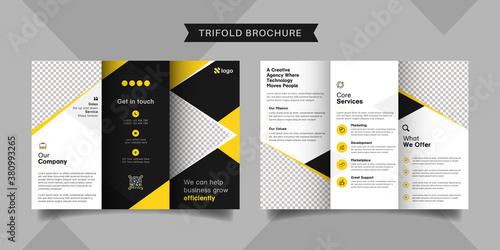 Corporate business trifold brochure template. Modern, Creative and Professional tri fold brochure vector design. Simple and minimalist promotion layout with yellow color.