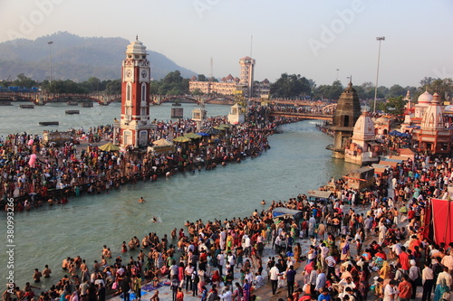 Hindu Holi city of Haridwar near Ganges, Uttranchal, India photo