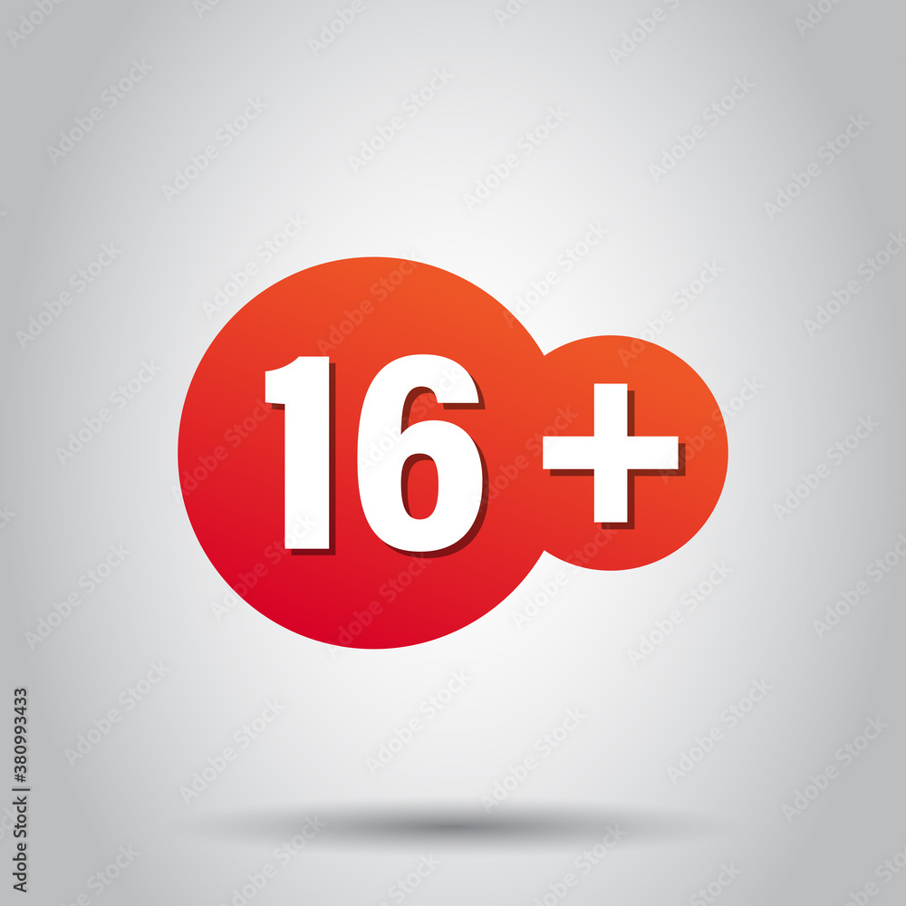 Sixteen plus icon in flat style. 16+ vector illustration on white isolated background. Censored business concept. Sixteen plus icon in flat style. 16+ vector illustration on white isolated background. Censored business concept.