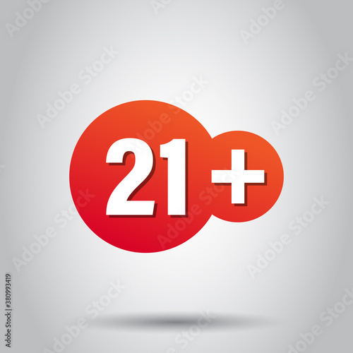 Twenty one plus icon in flat style. 21+ vector illustration on white isolated background. Censored business concept.