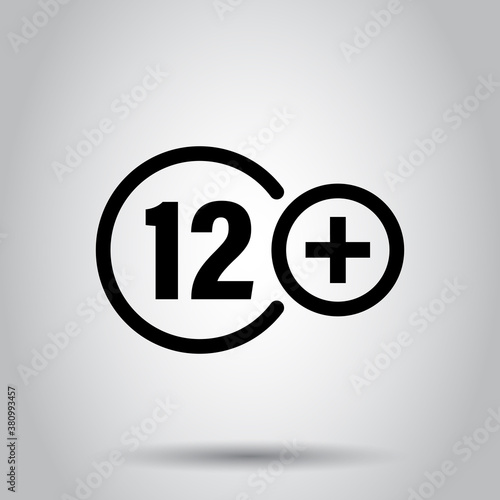 Twelve plus icon in flat style. 12+ vector illustration on white isolated background. Censored business concept.