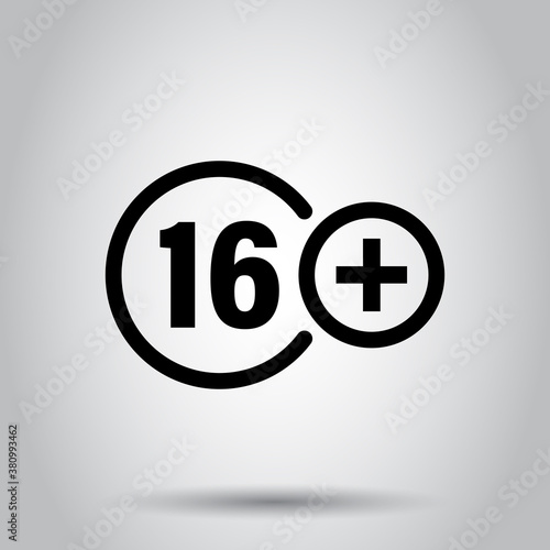 Sixteen plus icon in flat style. 16+ vector illustration on white isolated background. Censored business concept.