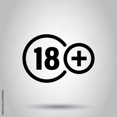 Eighteen plus icon in flat style. 18+ vector illustration on white isolated background. Censored business concept.