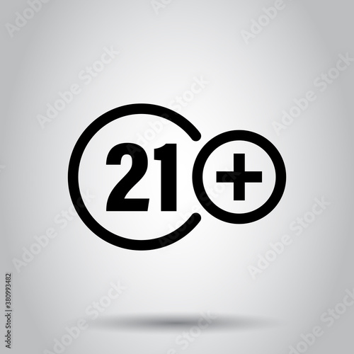 Twenty one plus icon in flat style. 21+ vector illustration on white isolated background. Censored business concept.