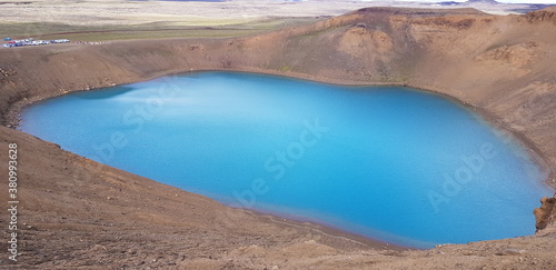 Volcano crater Viti with turquoise lake inside, Krafla volcanic area, Iceland. Natural travel Icelandic background.