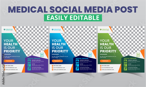 Medical social media layout post design digital marketing vector. Creative abstract geometric promo Social Media Healthcare Post square web banner timeline advertising templates with photo collage.