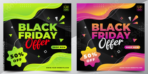 Black Friday Sale Offer Design Banner Template for Social Media Post and Web with beautiful Green and Purple Gradient Color on abstract black background