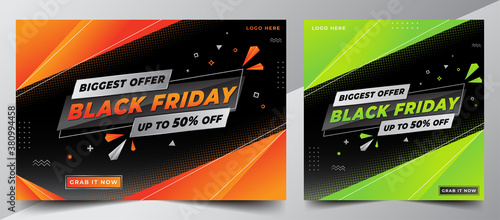Black Friday Sale Offer Design Banner Template pack for Social Media Post and Web with beautiful orange and green gradient color on abstract black background