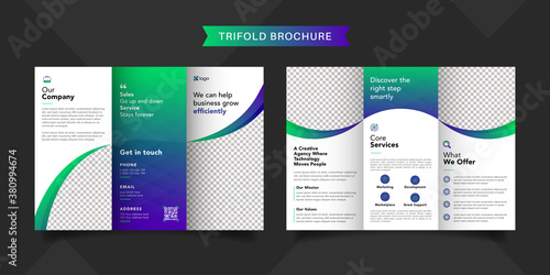 Corporate business trifold brochure template. Modern, Creative and Professional tri fold brochure vector design. Simple and minimalist promotion layout with blue and green color.