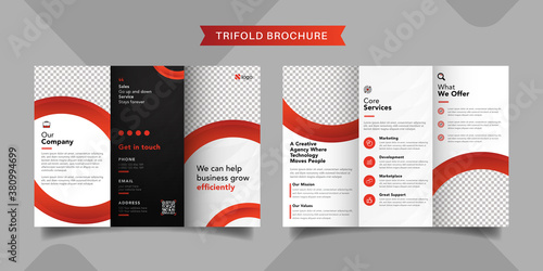 Corporate business trifold brochure template. Modern, Creative and Professional tri fold brochure vector design. Simple and minimalist promotion layout with red color.