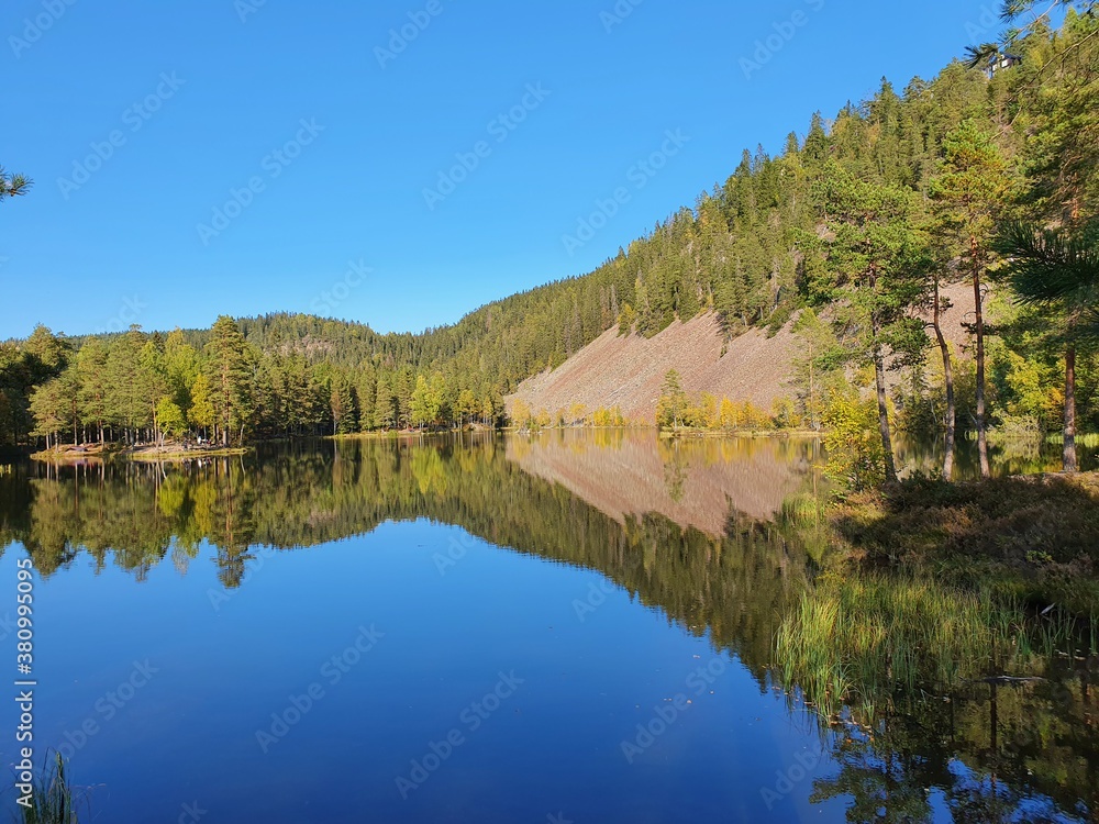 reflection of the sky and mountains in the blue water of the lake - Strømsdammen reflection of the sky and mountains in the blue water of the lake - Strømsdammen