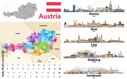 Austria map colored by states showing districts boundaries, with neighbouring countries. Austrian cities skylines