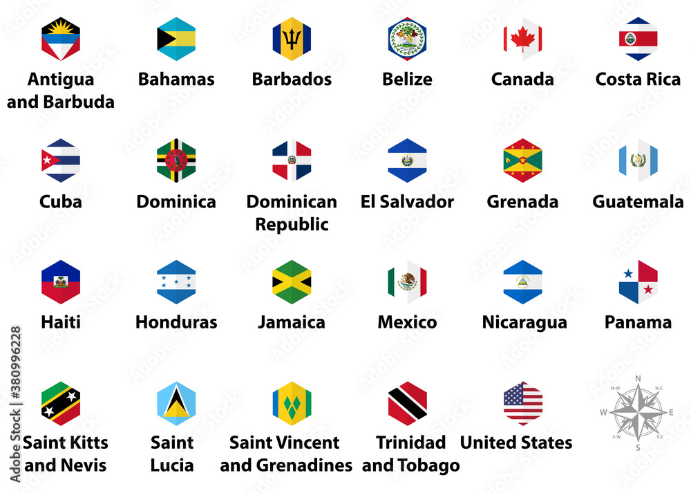 North America countries' flags. Hexagon flat style icons set