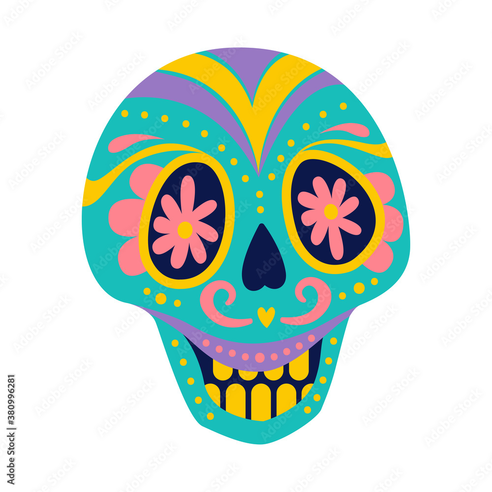 Vector illustration of an ornately decorated Day of the Dead (Dia de los Muertos) sugar skull, or calavera. Sugar skull