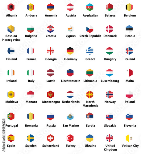 Europe all countries' flags. Hexagon flat style icons set