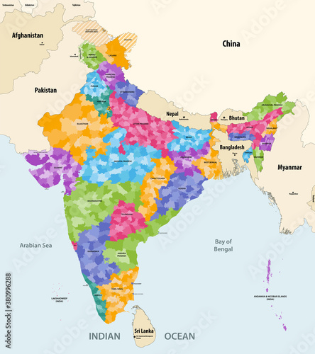 Map of India with neighbouring countries and territories. Indian map colored by states and showing districts boundaries inside each state. Vector illustration