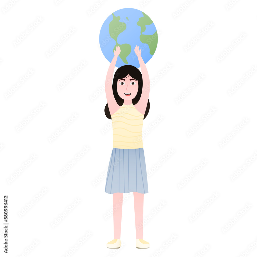 Cute girl holding planet for earth day, environment conservation concept, funny cartoon character Cute girl holding planet for earth day, environment conservation concept, funny cartoon character