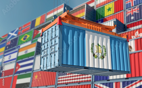 Freight container with Guatemala national flag. 3D Rendering 