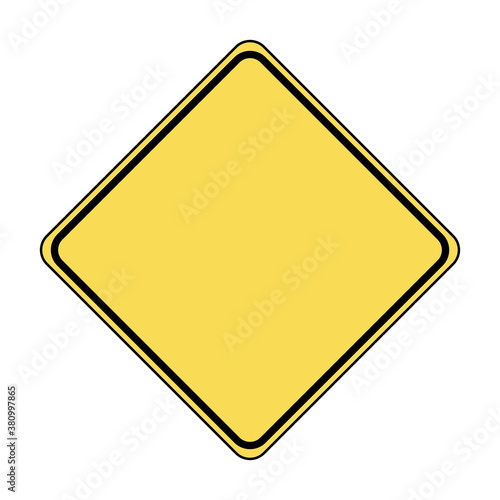 Blank American warning road sign. Vector illustration of yellow diamond shaped traffic sign with empty space inside. Caution for driver. Copy space for your design.