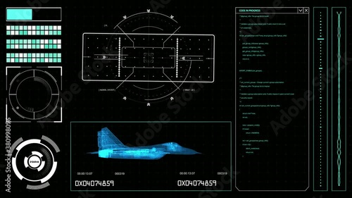 Futuristic HUD elements on a computer display with military plane scheme, navigation system and code on a screen. Hitech Illustration