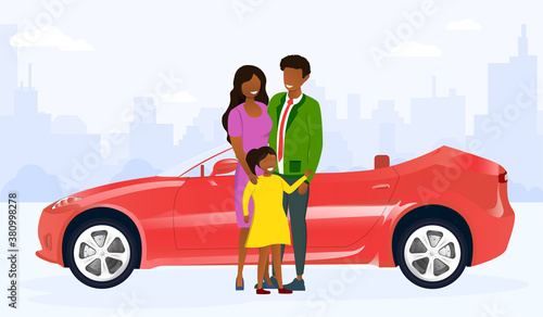 Happy young family mom dad and daughter standing in the background of their car. Flat vector illustration