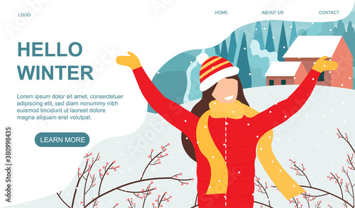 Happy young girl waving celebrating winter snow. Flat vector illustration. Web page template