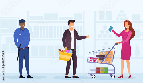 People buy food in the supermarket next to a security guard. Safety and security concept. Flat vector illustration