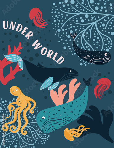 Inhabitants of the underwater world in an abstract psychedelic illustration. Flat colorful vector illustration © Rudzhan
