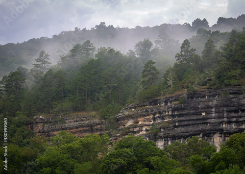 Forest and cliff on Ozark mountainside while it is foggy