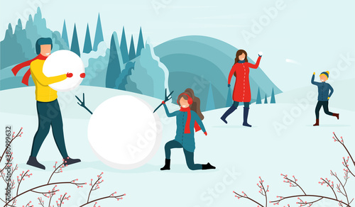 Winter activities concept. The family went outside to enjoy the first snow. Mom and son playing snowballs, and dad and daughter making a snowman together. Flat vector illustration
