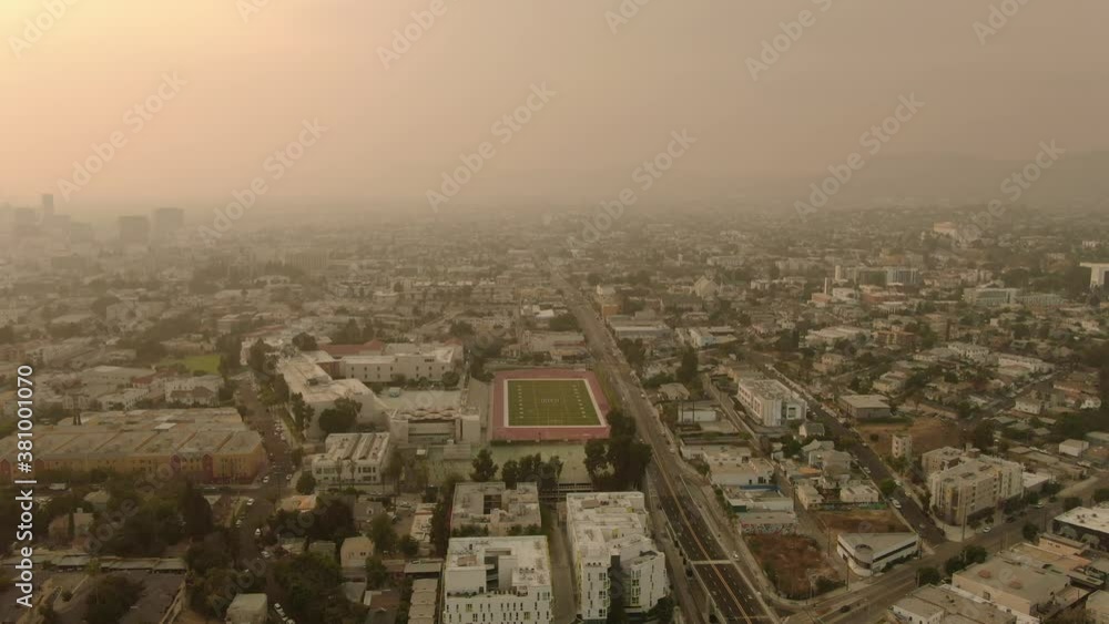 Wildfire Smoke Covered Hollywood Hills From Los Angeles Downtown Aerial Shot 2020 September Right Wildfire Smoke Covered Hollywood Hills From Los Angeles Downtown Aerial Shot 2020 September Right
