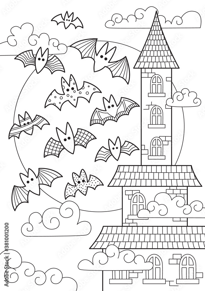 Doodle Halloween coloring book page spooky castle and bats on full moon. Antistress for adults and children in zentangle style. Black and white contour illustration