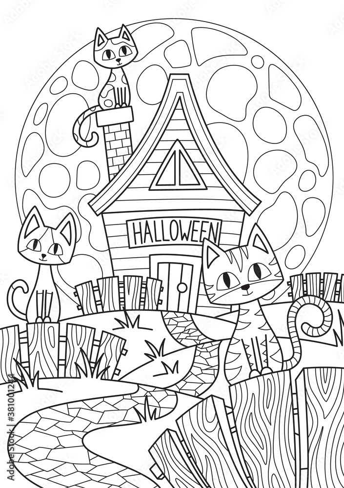 Doodle Halloween coloring book page spooky house and cats on full moon. Antistress for adults and children in zentangle style. Black and white contour illustration