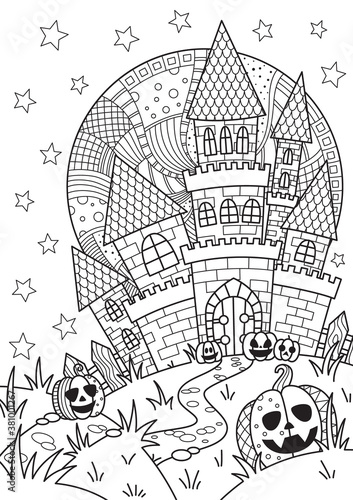 Doodle Halloween coloring book page spooky castle and halloween pumpkins on the full moon. Antistress for adults and children in zentangle style. Black and white contour illustration