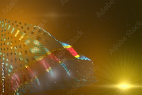 Fototapeta Naklejka Na Ścianę i Meble -  beautiful vivid photo of Democratic Republic of Congo made of dots waving on yellow - selective focus and place for your content - any celebration flag 3d illustration..