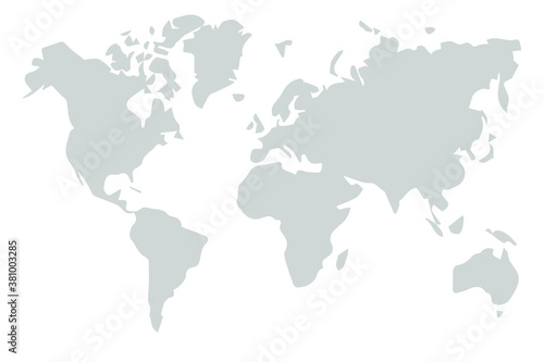 The world map is divided into six continents in gray: North America, South America, Africa, Europe, Asia and Australia Oceania. No inscriptions. Vector dimensionless graphics.
