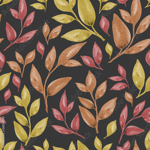 Vintage leaves watercolor seamless pattern on the dark backgrounde. Hand drawn floral illustration in autumn mood for textile, wallpaper, fabric, postcard, invitation, cover, wrapping paper