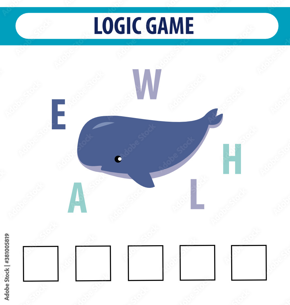 Worksheet for preschool kids.Words puzzle educational game for children. Place the letters in right order. Cute illustration of logic puzzle game for study English. Find the correct places	