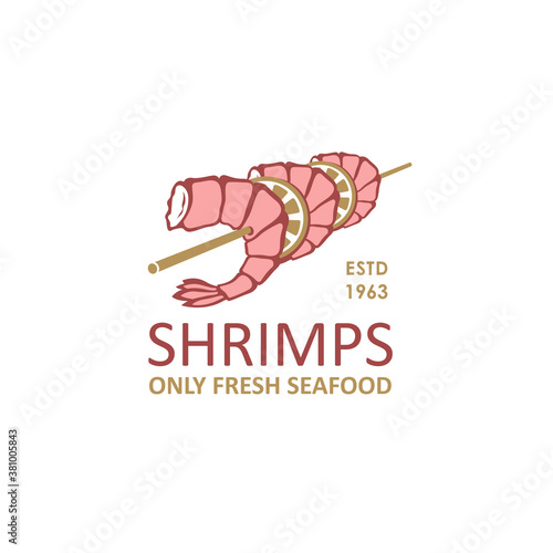 label of grilled shrimps skewer isolated on white background