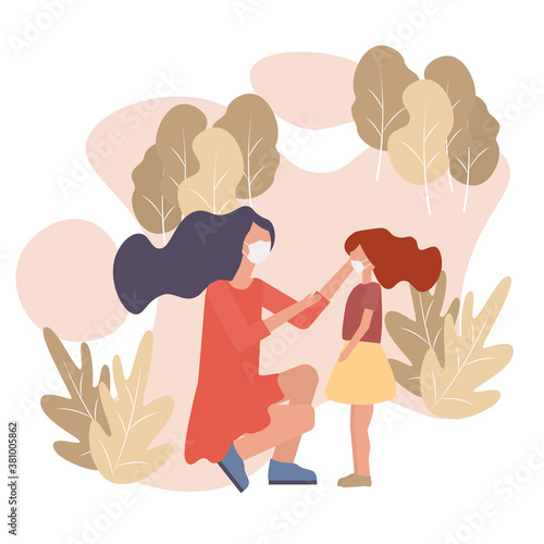 Beautiful mother wearing medical mask potection for her daughter. Virus protection concept, protect kid, stop the Coronavirus, health care. Covid-19 or influenza flat illustration