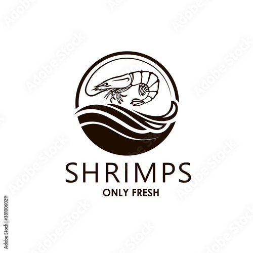 label of fresh shrimp and sea waves isolated