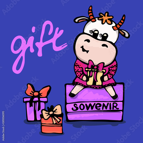 Funny cow with a gift.