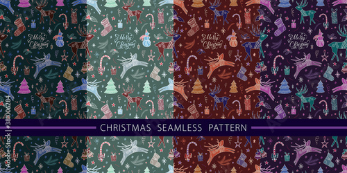 Christmas seamless pattern for greeting cards, wrapping paper and various backgrounds. Winter hand-drawn background with the inscription "Merry Christmas". Greeting card with text in the Christmas sty