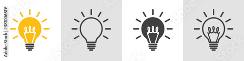 Set different light bulb icons, idea concept, creative bulb sign, innovations. Line, solid and filled outline colorful version – stock vector